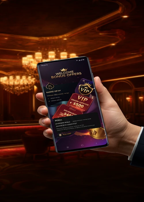 A vibrant banner showcasing Seven Casino's exclusive welcome bonus offers with a stack of golden coins and casino chips, highlighting promotional value.