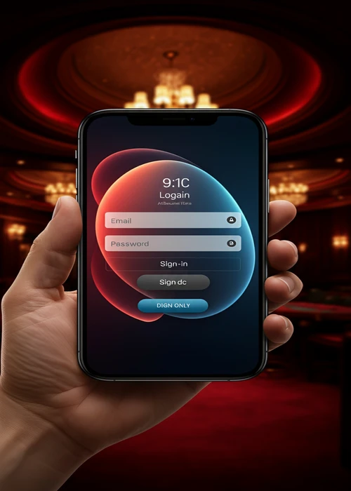 Seven Casino login interface showing username, password fields, and a button to access a secure gaming dashboard.
